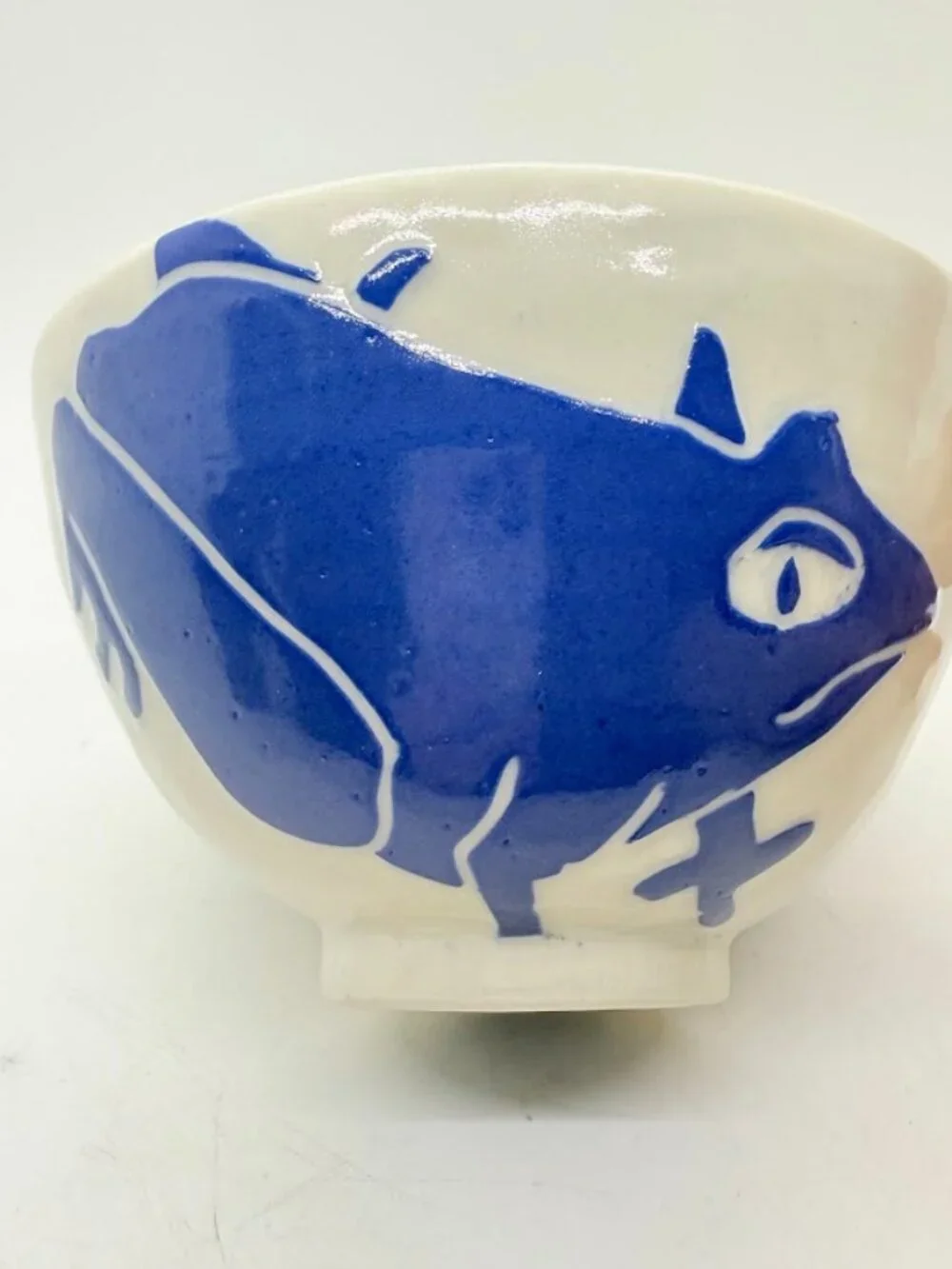 Karis Swink Barry Art Pottery Signed Blue Frog Soup Cereal Bowl Sgraffito Style